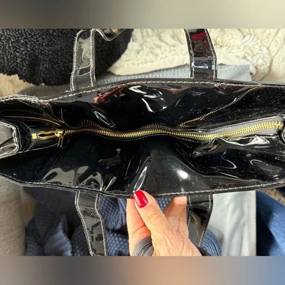 Harrods Large PVC Patent Leather Black & Gold Tote Bag - Picture 6 of 9